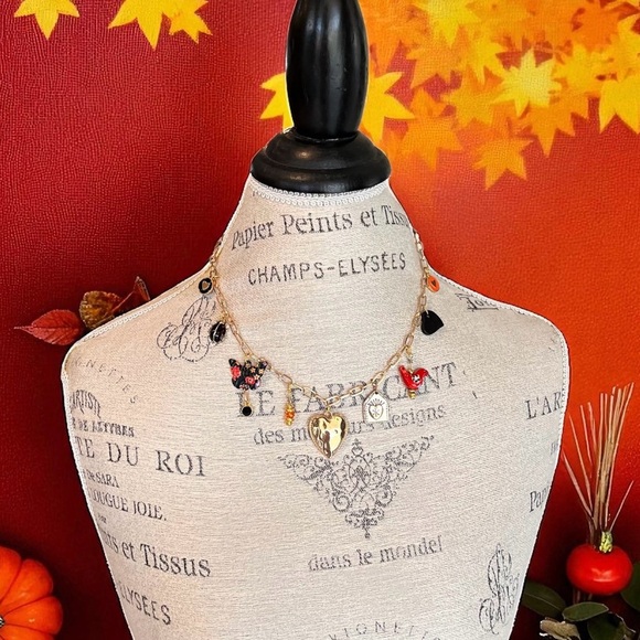Charming Gold Toned Heart Necklace with Colorful Charms Ceramic Wood Enamel - Picture 6 of 14